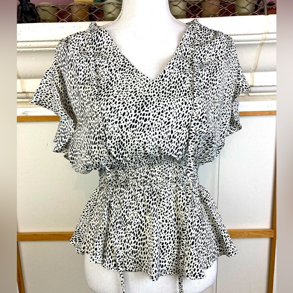 Papaya Black and White Flutter Sleeve Peplum Blouse tie neck